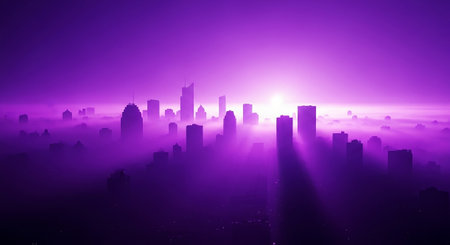 Foggy cityscape with glowing skyscrapers and rising sunの素材