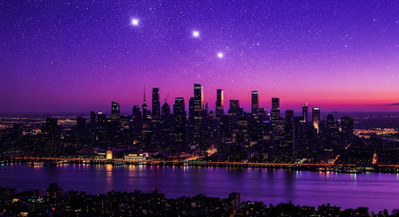 New York City Manhattan skyline at night with urban skyscrapers illuminated over Hudson River.の素材