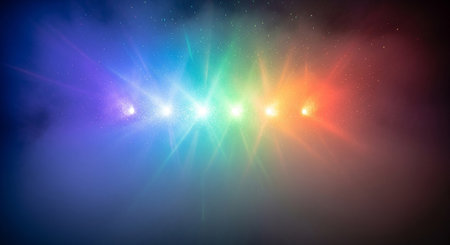 abstract rainbow background with rays of light and bokeh effectの素材