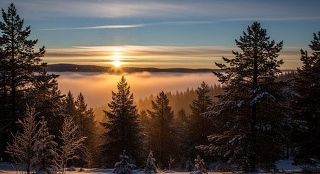 Sunrise in the winter forest. Beautiful winter landscape with fog.の素材