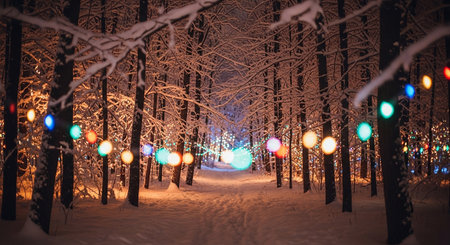 Winter night in the city park. Beautiful winter landscape with trees and lights.の素材