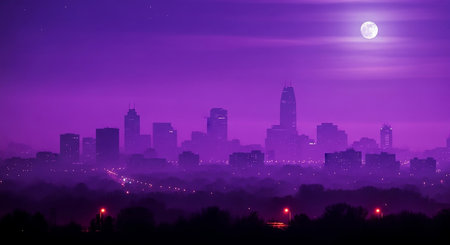 Foggy cityscape at night with full moon in the backgroundの素材