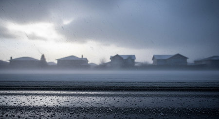 Foggy winter morning in the village. Rainy weather.の素材