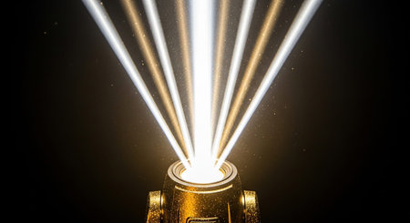 A 3d render of a golden trophy with a spotlight and beamsの素材