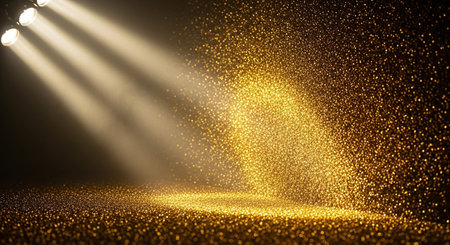 stage lighting effect in the dark with golden particles. 3d illustrationの素材