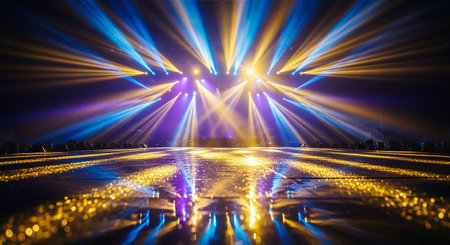 stage lighting effect in the dark with smoke and rays of light.の素材