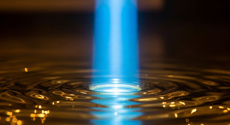 Close-up of a blue flame on a water surface with ripplesの素材
