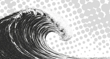 Vector illustration of a big wave. Black and white grunge background.の素材