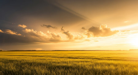 Sunset over rice field with dramatic clouds and rays of light.の素材