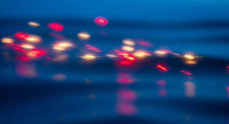 bokeh of car on the road at night with reflection in waterの素材