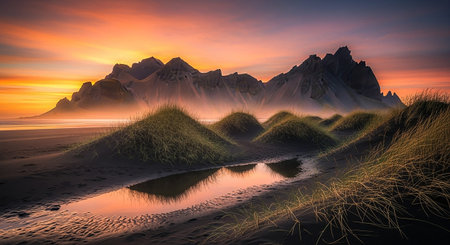 Fantasy alien planet. Mountain and lake. 3D Illustrationの素材