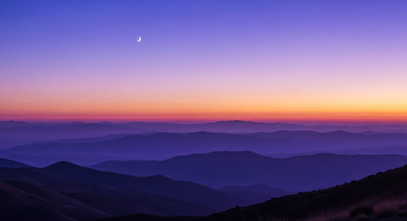 Beautiful sunrise in the mountains. The moon over the mountains.の素材