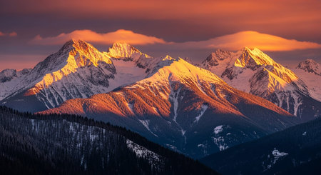 Mountain landscape at sunset. Panoramic view of the snowy mountains.の素材