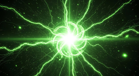 Green electric lightning in the space. 3D illustration. Green energy.の素材