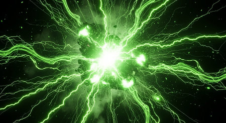 Green lightning on black background, 3d rendering. Computer digital drawing.の素材