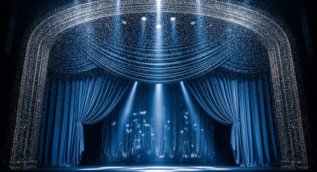 Stage with blue curtains and spotlights. 3d rendering toned imageの素材