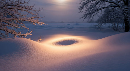 A tranquil winter landscape bathed in the soft, warm glow of golden hour light. Gentle snowdrifts create undulating mounds across the scene, with a particularly illuminated depression in the foreground. Bare tree branches, dusted with snow, frame the view on either side. The sky is hazy and diffused, suggesting either sunrise or sunset, contributing to the peaceful and serene atmosphere of this natural winter setting.の素材