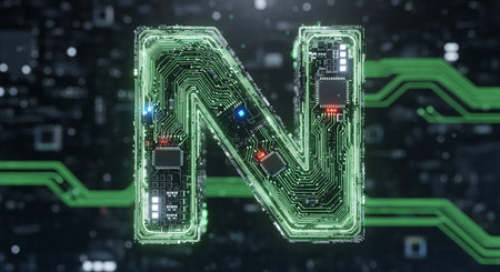 Digital composite of N letter against circuit board and black background 3dの素材