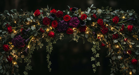Wedding arch decorated with flowers and garlands on dark backgroundの素材