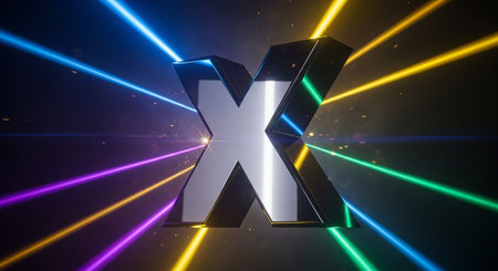 3d illustration of black metal letter X with colorful laser rays.の素材