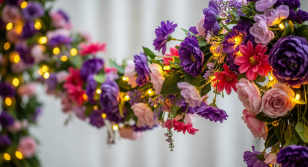 Wedding arch decorated with colorful flowers and garland lights.の素材