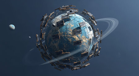 3D rendering of a space station with planet earth in the middleの素材