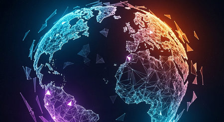 Abstract polygonal world map on dark background. 3D Renderingの素材