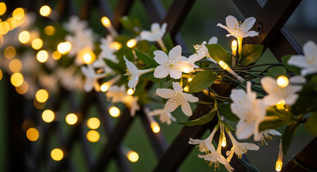 White jasmine flowers with garland lights in the garden.の素材