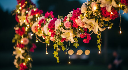 Wedding arch decorated with flowers and garlands at sunset.の素材