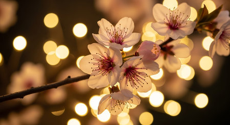 cherry blossom on a branch with bokeh lights in the backgroundの素材
