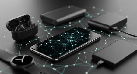 Smartphone with connection lines on the screen. 3D rendering.の素材