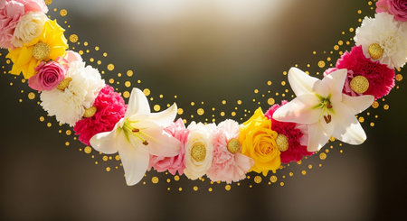 Beautiful flower garland on blurred background, closeup of photoの素材