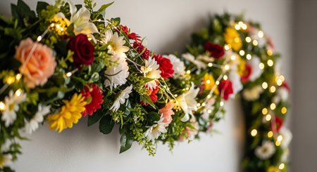Decorated wedding arch with colorful flowers and garlands on white wallの素材