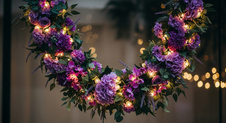 Wedding arch decorated with purple flowers and garland lights.の素材