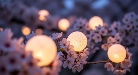 Cherry blossom in full bloom with light bulbs in the backgroundの素材
