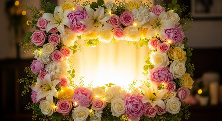 Wedding decoration with roses and light bulbs on the table.の素材