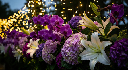 Beautiful bouquet of flowers in the garden with lights in the backgroundの素材