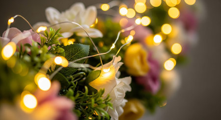 Bouquet of flowers with garland and lights in the backgroundの素材