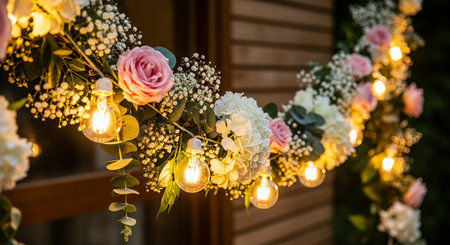 wedding arch decorated with flowers and garlands of light bulbsの素材