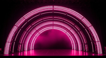 Neon lights on the stage. 3D rendering. Neon light background.の素材