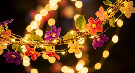 Flower garland with bokeh lights on black background.の素材
