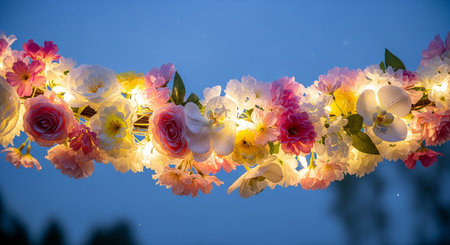 Beautiful pink and white flowers garland on blue sky background.の素材