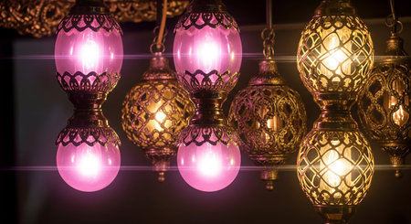 Lanterns in the shape of a heart on a dark backgroundの素材