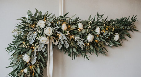Wedding decor with white and green flowers and garlands.の素材