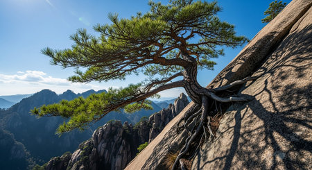 Pine tree growing on top of a cliff in Huangshan National Park, Chinaの素材