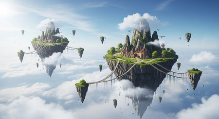 Mystical island floating in the sky. 3d render illustrationの素材