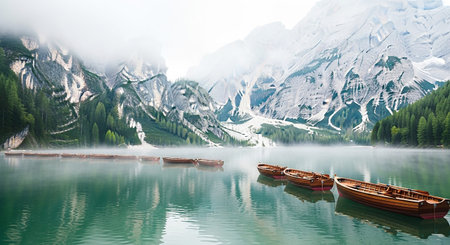 Foggy morning on lake Braies in Dolomites, Italyの素材