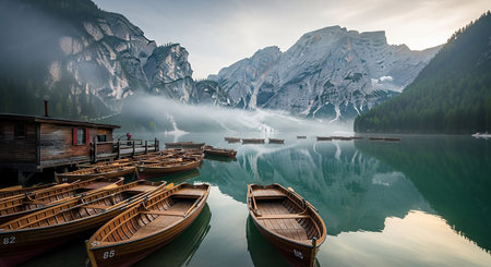 Lago di Braies (Lago di Braies) with boats, Dolomites, Italyの素材