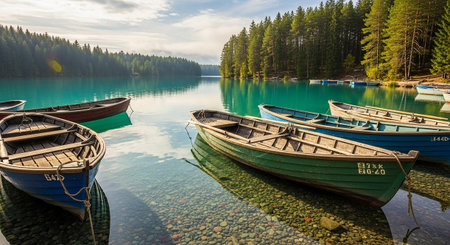 Fishing boats on the turquoise lake in the forest.の素材