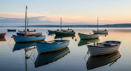 A tranquil harbor scene unfolds at dawn, with several colorful rowboats gently bobbing on the still, reflective water. The pastel hues of the sunrise paint the sky and cast a soft glow on the mist rising from the water's surface. The boats, in shades of blue, green, and grey, are perfectly mirrored in the glassy surface, creating a symmetrical and calming composition. The scene evokes a sense of peace, quietude, and the gentle start of a new day.の素材